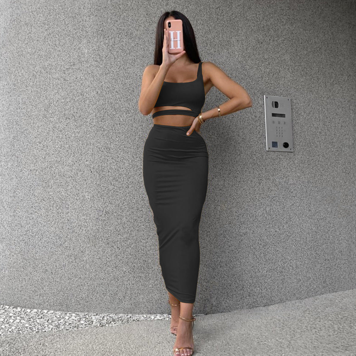 LADIES TWO PIECE SKIRT SET                       WHITE / KHAKI / BLACK / GREEN / ORANGE                    (SIZE  S - 2XL)
