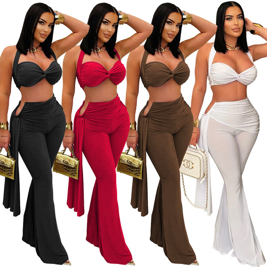 Ladies sexy summer strapless lace up two piece halter neck top and pants set                                   Black / red / brown / white                                       (Size  S - 2XL)