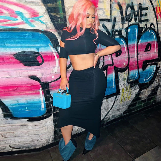 Women two piece crop top and skirt set                                            Black                                                 (SIZE  S - L)