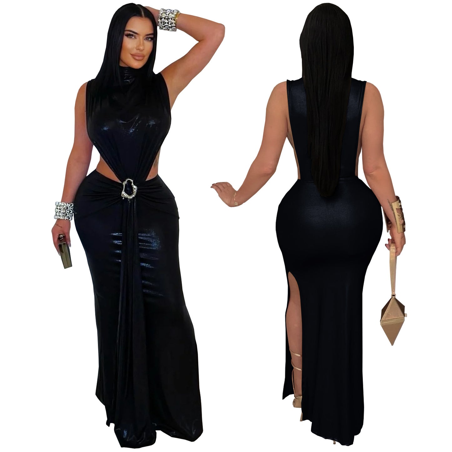 Women high neck cut out dress with slit                                       Black / blue / gold / silver                                          (Size  S - 2XL)
