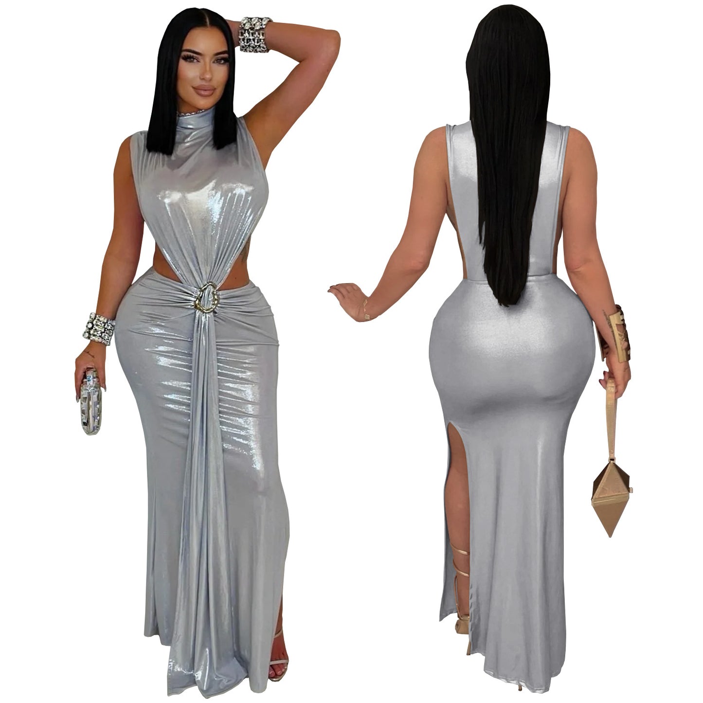 Women high neck cut out dress with slit                                       Black / blue / gold / silver                                          (Size  S - 2XL)