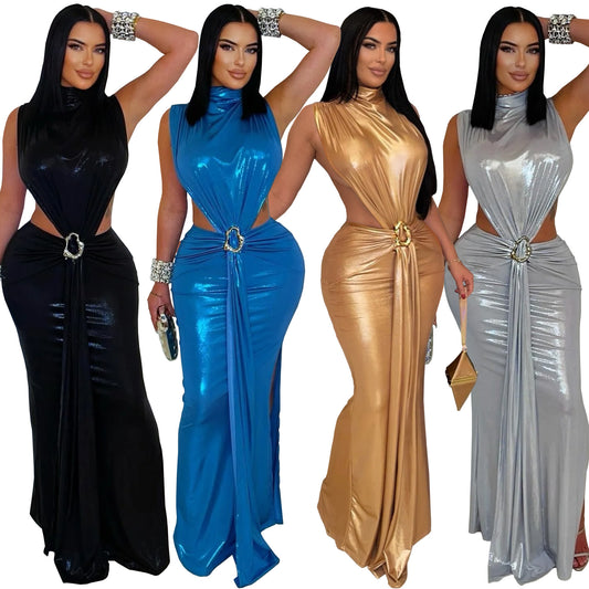 Women high neck cut out dress with slit                                       Black / blue / gold / silver                                          (Size  S - 2XL)