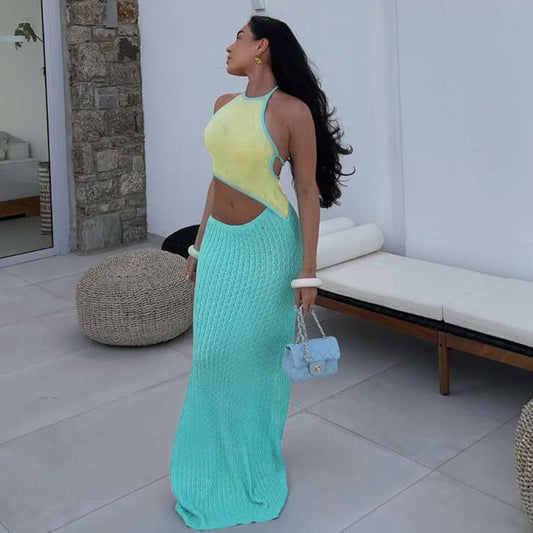 Women  stylish fashion sexy two piece halter neck top and skirt beachwear set                                      light turquoise                                       (Size  S - L)