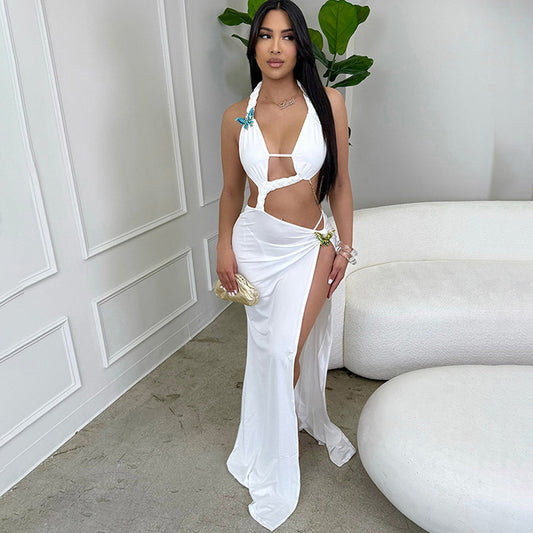 Ladies stylish fashion sexy low back high slit halter neck dress                             White                                         (Size  S - L)