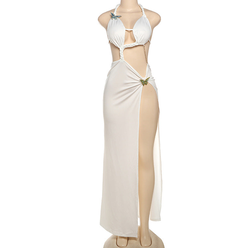 Ladies stylish fashion sexy low back high slit halter neck dress                             White                                         (Size  S - L)