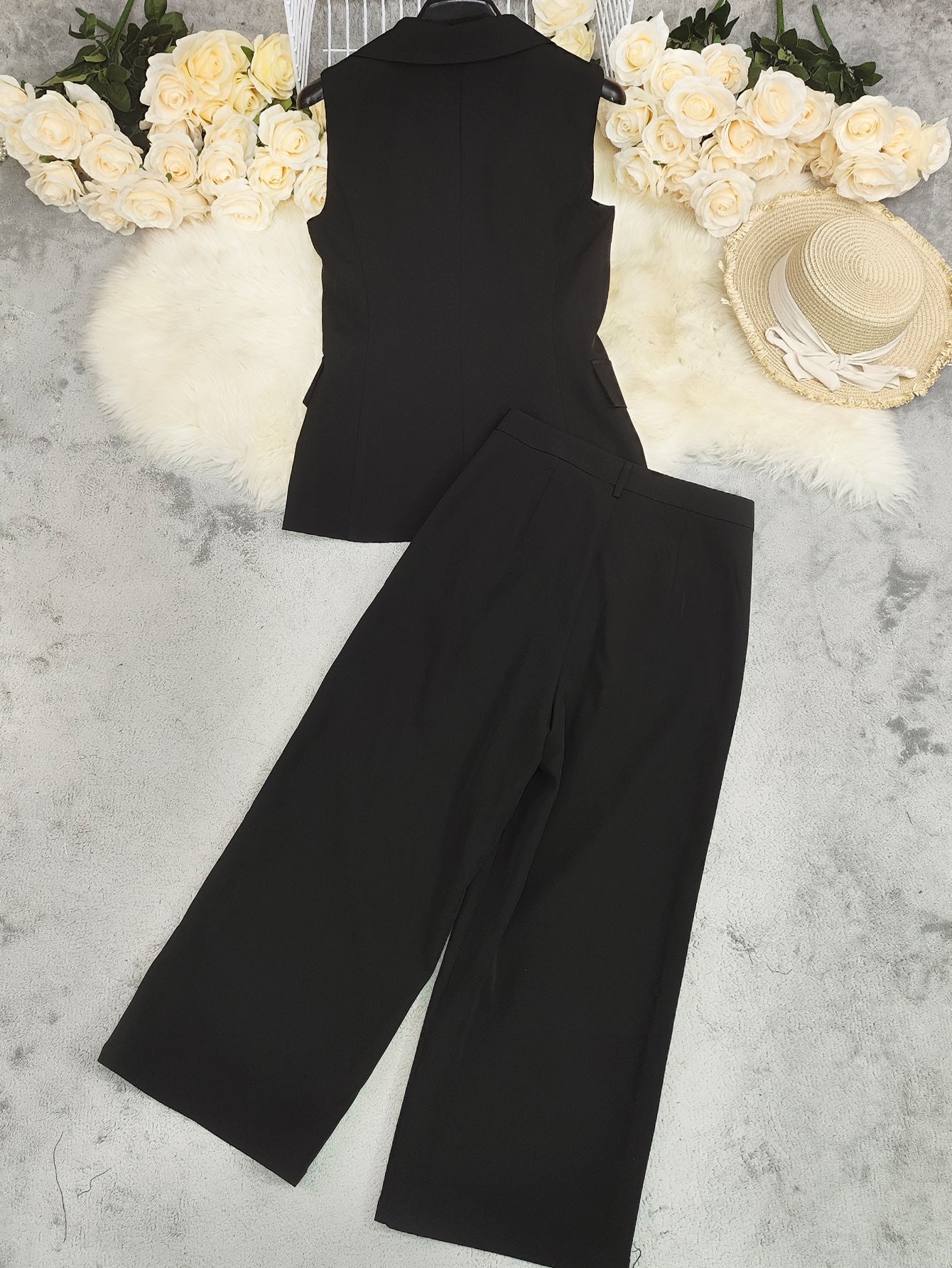 Ladies stylish fashion two piece sleeveless top and straight leg pants set                        Black / white / red                    (Size  S - XL)