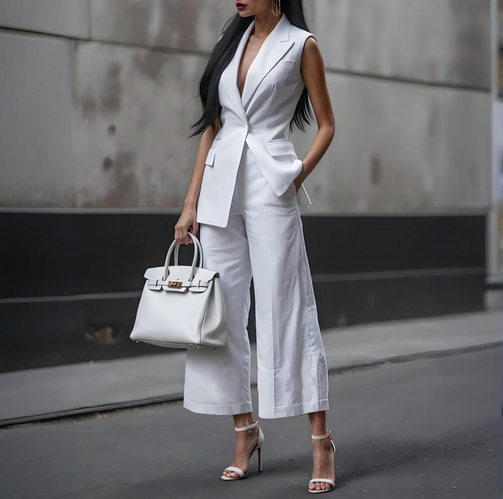 Ladies stylish fashion two piece sleeveless top and straight leg pants set                        Black / white / red                    (Size  S - XL)