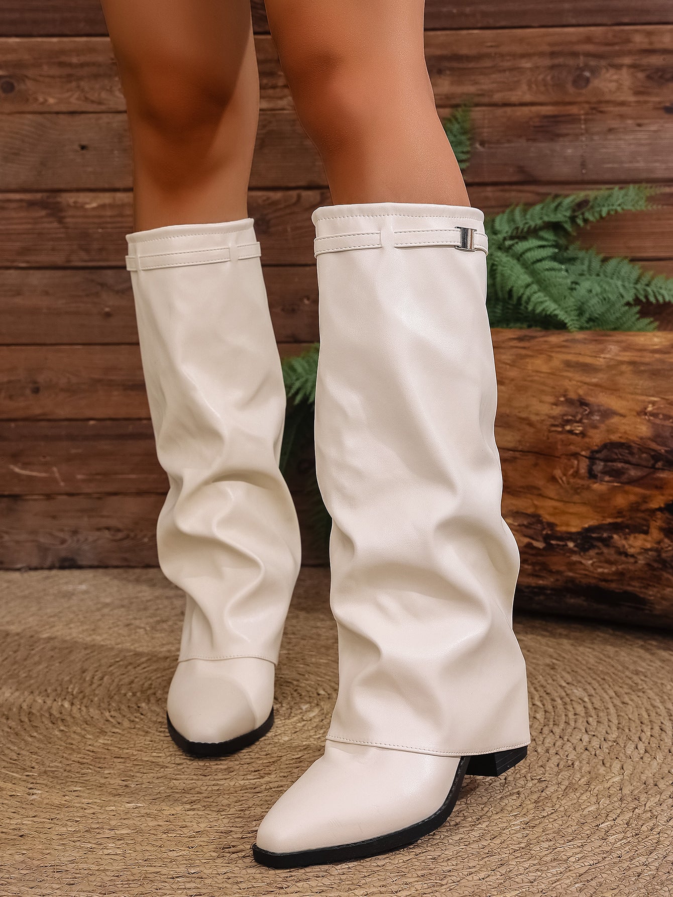 Ladies stylish fashion chunky heel knee high boots                             Black / Off white                             (china Size  36 - 43)  (UK Size 4 - 8.5)