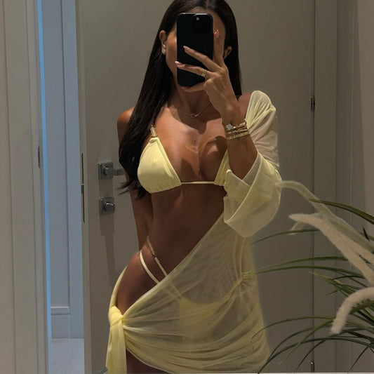 Women stylish fashion sexy two piece bikini swimwear and swimsuit cover up                                         Light yellow                              (Size  S - L)