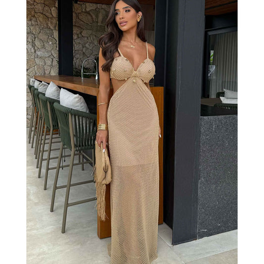 Women stylish fashion cute cut out beachdress                                           Light khaki                                        (Size  M - XL)
