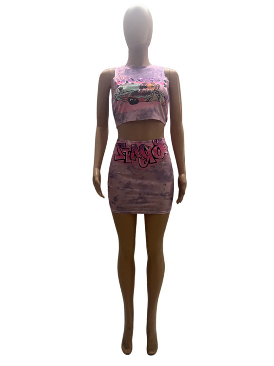 Women two piece top and mini skirt set                                               pink                                        (Size  XS - 2XL)