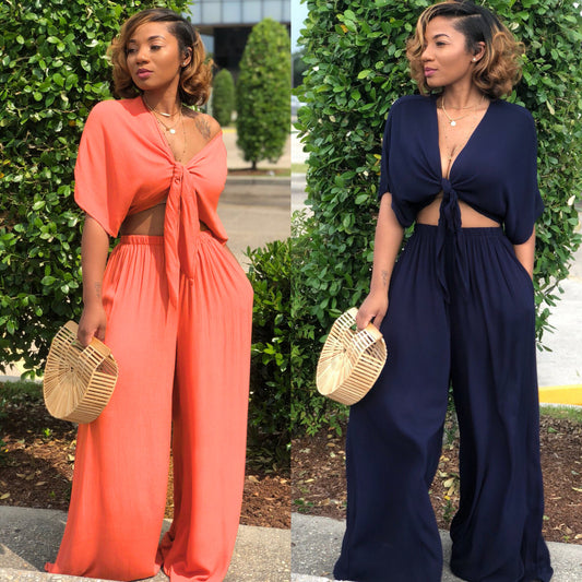 Women stylish fashion two piece v-neck tie up top and wide leg pants set                             Gray / black                                   (Size  S - 2XL)