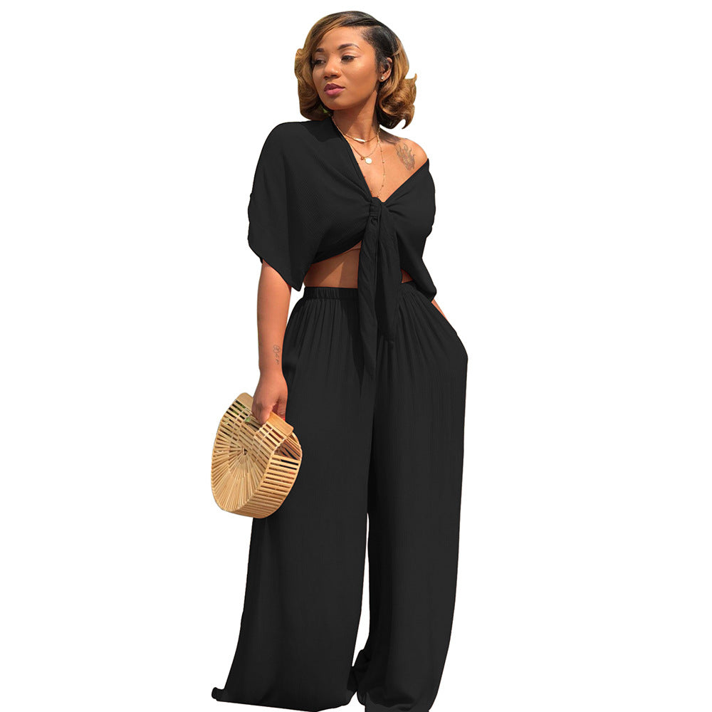 Women stylish fashion two piece v-neck tie up top and wide leg pants set                             Gray / black                                   (Size  S - 2XL)